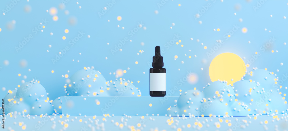 Poster minimal background for product presentation. blue podium and cloud with sprinkle. clipping path of e
