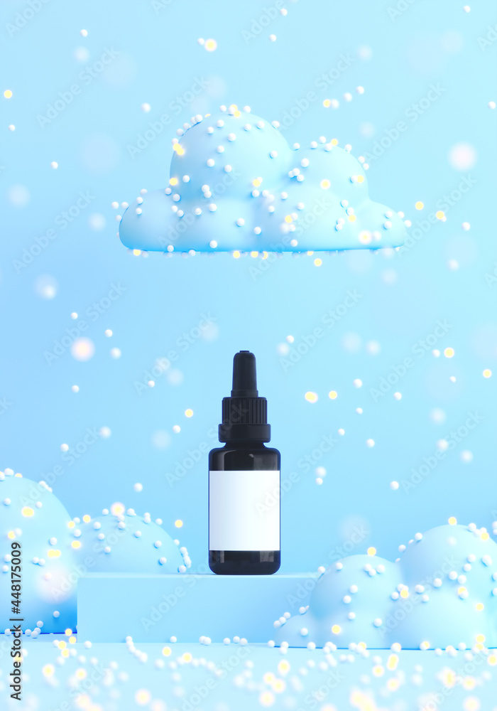 Poster minimal background for product presentation. blue podium and cloud with sprinkle. clipping path of e