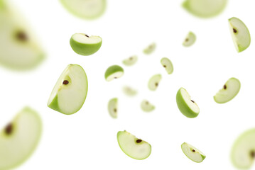 Stack of green Apple falling or flying.Creative levitation food