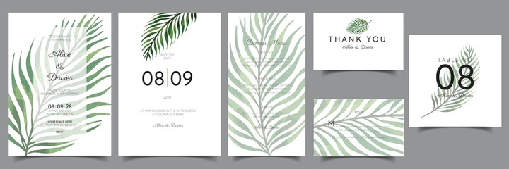 Botanical minimalist wedding invitation card template design, palm fronds on white