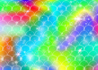 Rainbow scales background with kawaii mermaid princess pattern.