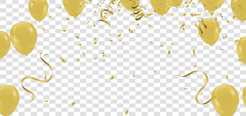 Gold balloons, Festive confetti and streamers on background. Vector illustration