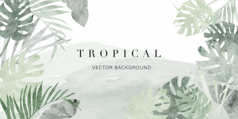 tropical leaves watercolor background vector. Luxury wallpaper with tropical leaf framed, mountain, palm leaf, flower,Vivid foliage, exotic green and gold brush glitter.