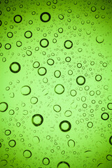 Texture water drops on green glass.