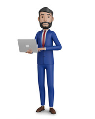3d character. Businessman standing working on laptop 