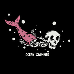 hand drawn mermaid and skull for desain t-shirt, vintage