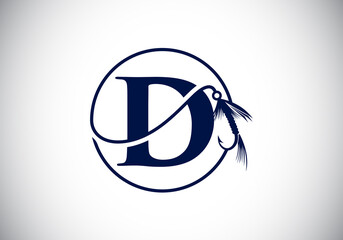 Initial D monogram letter alphabet with fishing Hook. Fishing logo concept vector illustration. Modern logo design for fishing shop, business, and company identity