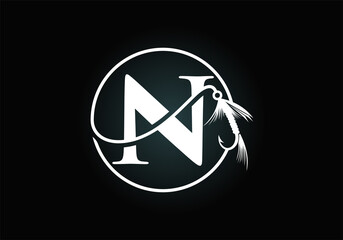 Initial N monogram letter alphabet with fishing Hook. Fishing logo concept vector illustration. Modern logo design for fishing shop, business, and company identity