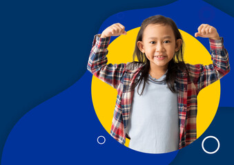 Poster flyer brochure cover layout design template in A4 Size, Positive asian child girl raises...