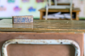 Back to school concept. School empty classroom, Lecture room with desks and chairs iron wood for studying lessons thailand without young student.School closed due to covid 2019