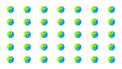 A pattern of repeating Yin and yang symbols. White background. Color is green and blue. Concept of philosophy of an ecological backdrop, a fusion of pure nature and water.
