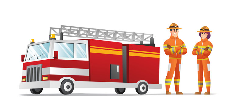 Male and female firefighter characters with fire truck illustration