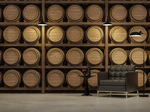 Loft style living room with wooden wine barrel background 3d render,The room has polished concrete floor decorate with leather lounge chair