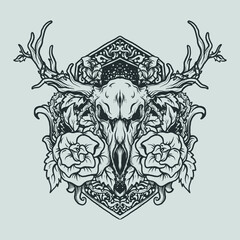tatoeage en t-shirt ontwerp zwart-wit hand getekende vuurherten schedel en roos gravure ornament