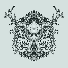 Fotobehang Aquarel doodshoofd tatoeage en t-shirt ontwerp zwart-wit hand getekende vuurherten schedel en roos gravure ornament
