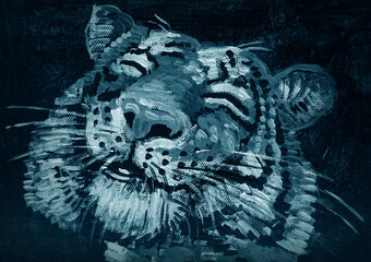 Art painting Fine art Oil color  cute tiger  in dark blue