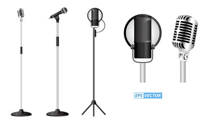 set of realistic microphone or mic standing at podium or classic mic concept. eps vector  - obrazy, fototapety, plakaty