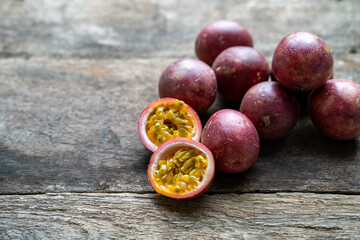 Fresh Passion fruit on old wooden table.