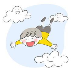 구름들 사이로 팔을 펼치고 하늘을 나는 아이 일러스트