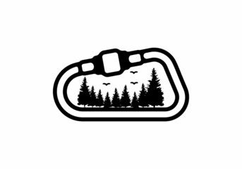 Carabiner and pine trees line art illustration