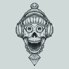 tattoo and t shirt design black and white hand drawn skull with headphone and diamond