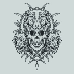 tattoo and t shirt design black and white hand drawn wolf and skull  engraving ornament