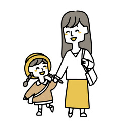 お母さんと手を繋いで歩く幼稚園児の女の子