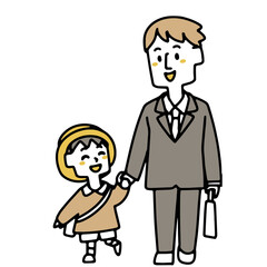 お父さんと手を繋いで歩く幼稚園児の男の子