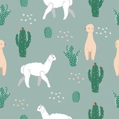 Children's seamless pattern with a llama and cacti, hand-drawn elements, cute cartoon style, stylish alpaca pattern, delicate shades, children's texture is great for fabric, vector illustration
