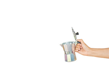 hand holding a kettle on a white background