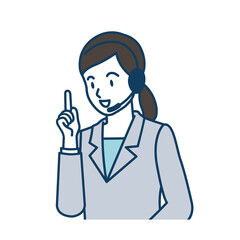 人差し指を立てている笑顔の女性テレフォンオペレーター