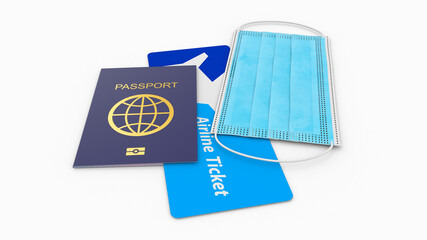 New rules for airplane passengers during COVID-19 quarantine - passport, boarding pass and face mask on all time flying. Citizen's passport, ticket and medical mask virus protection, 3d illustration.