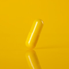 Close up of single yellow capsule pill on yellow background. Single dose drug prescription or...