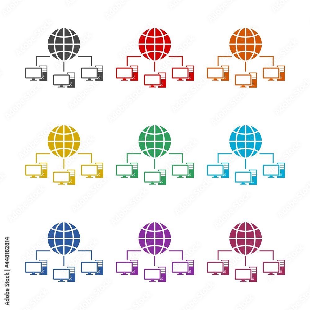 Poster computer networking color icon set isolated on white background
