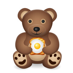 Teddy bear with bread toast with egg