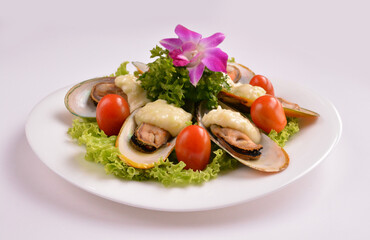bbq baked cheese muscle on shell seafood with vegetable salad in white background for Christmas festival menu