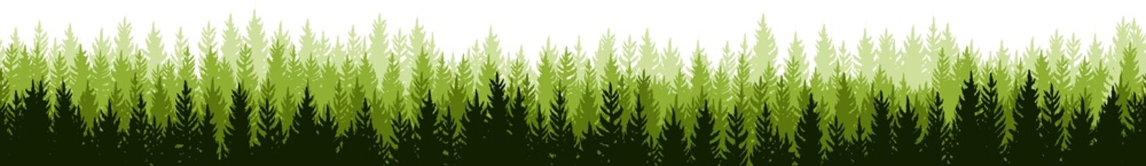 Pine forest. Silhouettes of coniferous trees. Wild landscape horizontally. Nice panoramic view. Seamless illustration isolated on white background. vector