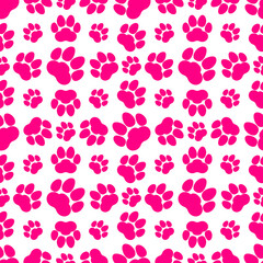 Pink paw print seamless repeating background pattern. Cat or dog footprints. Vector illustration. 
