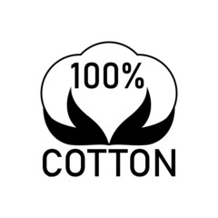 Obraz premium 100 percent cotton fabric. Linear vector label and icon on blank background. Isolated outline black and white illustration.