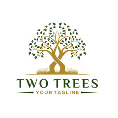 Obraz premium Twin tree, tree of life, banyan oak leaf and seal logo design inspiration 