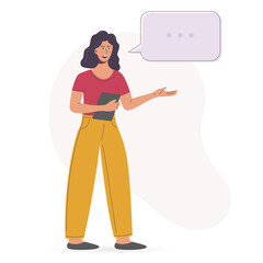 Smiling secretary or businesswoman explaining and presenting