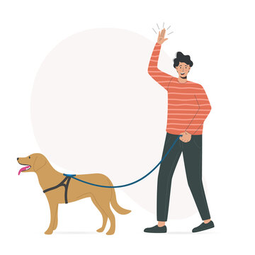 Illustration of young man character walking with dog