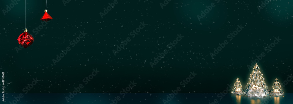 Poster merry christmas tree glowing lamp lights with red baubles hanging on dark blue green background with