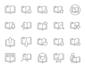 Set of open book line icons. E-book, web library, online instruction, bookcrossing and more.