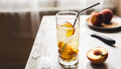 Peach summer refreshing beverage and fresh peaches on an old white wooden table by the window