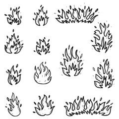 Set of hand drawn fire and fireball isolated on white background. Doodle vector illustration.