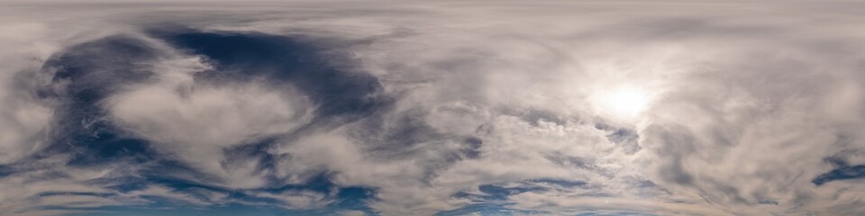 Blue sky panorama with Cumulus clouds. Seamless hdr 360 degree pano in spherical equirectangular format. Complete zenith for 3D visualization, game and sky replacement for aerial drone 360 panoramas.