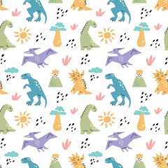 Dinosaurus cute seamless pattern with sun, baobab tree, volcano, branch isolated on white background. Vector flat illustration. Design for childish textile, fabric, wallpaper, wrapping