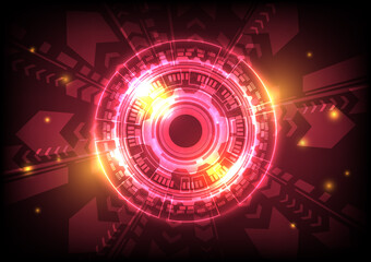 Red infographic of computer data. Abstract hologram hi-tech background. Virtual reality technology electric innovation. Head-up display interface. Futuristic Sci-Fi glowing HUD circle