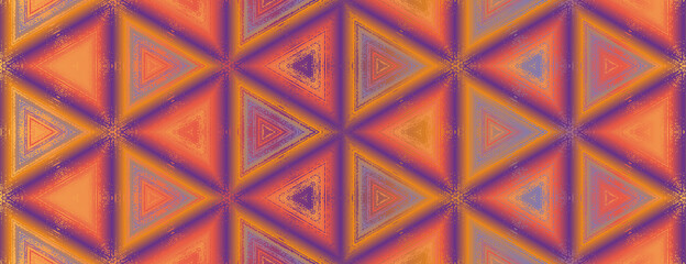 Seamless abstract multi colored purple, orange, yellow textured kaleidoscope pattern. Symmetrical geometric ornament for packaging design, wrapping paper, wallpaper, background.